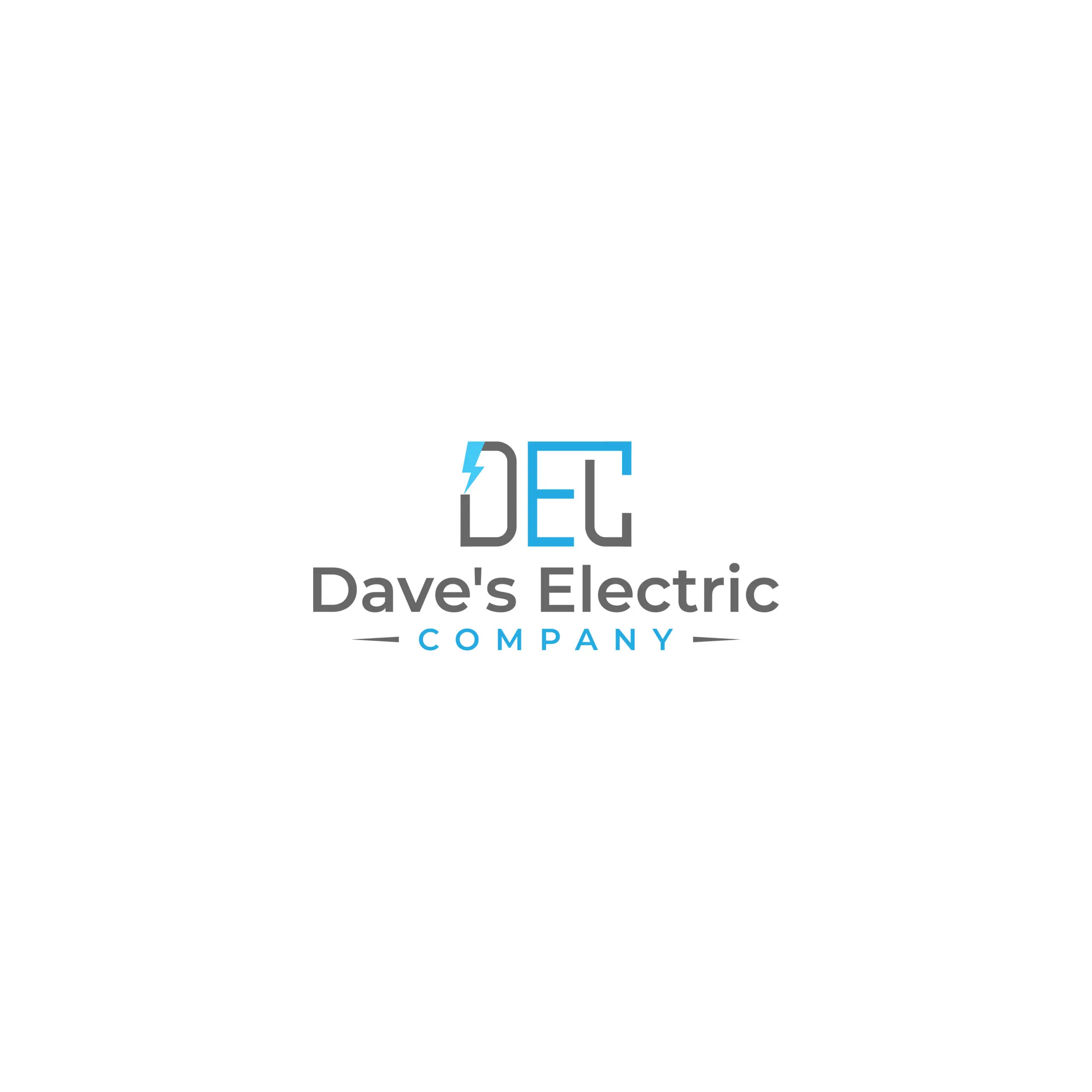 Logo for Daves Electric Company featuring stylized initials DEC with a blue lightning bolt in the D. Ideal for marketing or website design, “Daves Electric” is in gray text below and COMPANY is in blue, all on a white background.