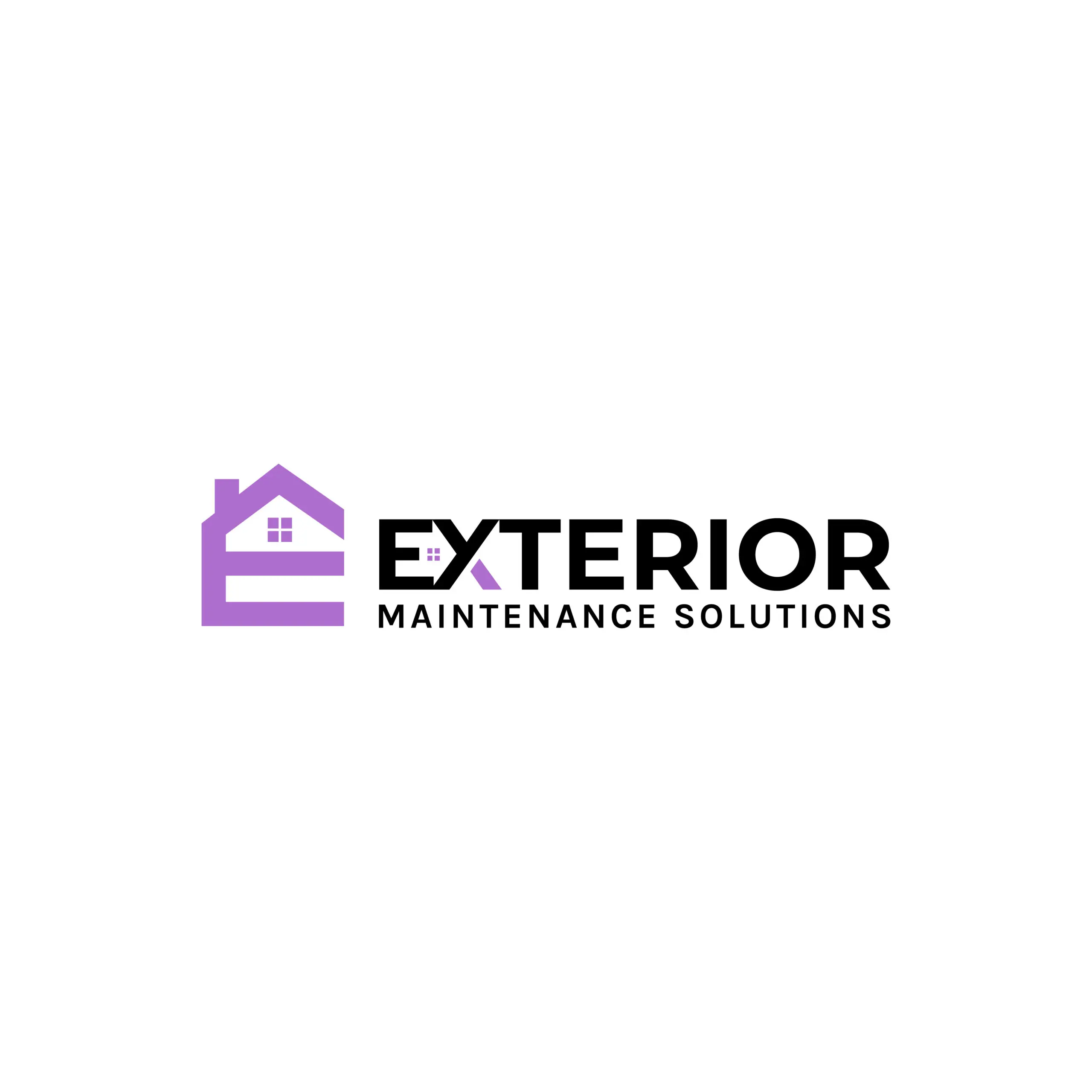 Logo for Exterior Maintenance Solutions featuring a purple house icon to the left and bold black text. The stylized E in EXTERIOR nods to the house design, reflecting a modern approach to marketing and website design.