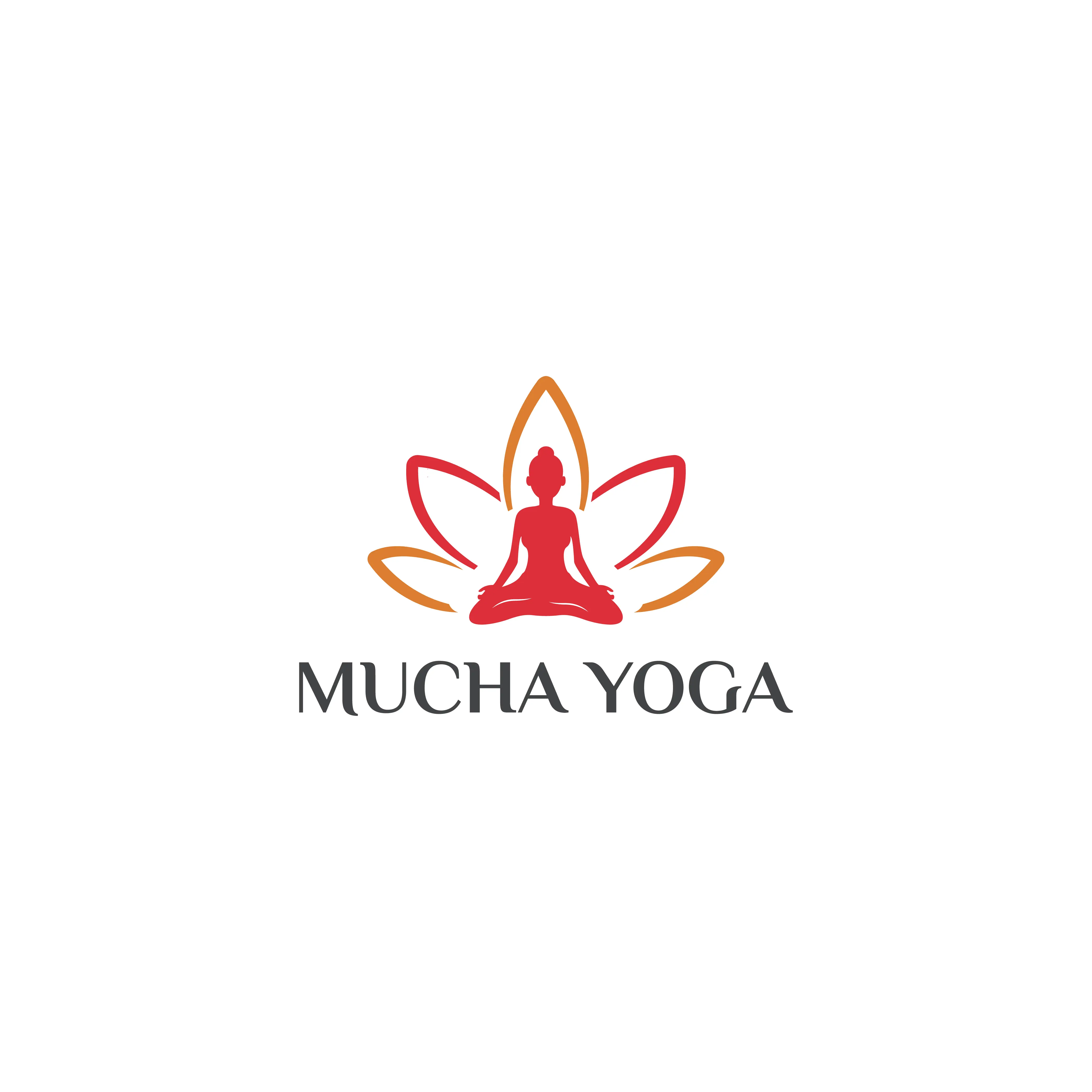 The Mucha Yoga logo features a red silhouette meditating in lotus position, framed by vibrant lotus petals in red, orange, and yellow. Below, MUCHA YOGA is elegantly displayed in black letters—a perfect blend of serenity and marketing finesse for your media or website design needs.