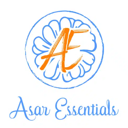 A logo featuring a blue flower outline with orange initials AE in the center, enclosed in a blue circle. Below the circle, Asar Essentials is written in a blue cursive font—perfect for a growth-focused media or website design marketing brand.