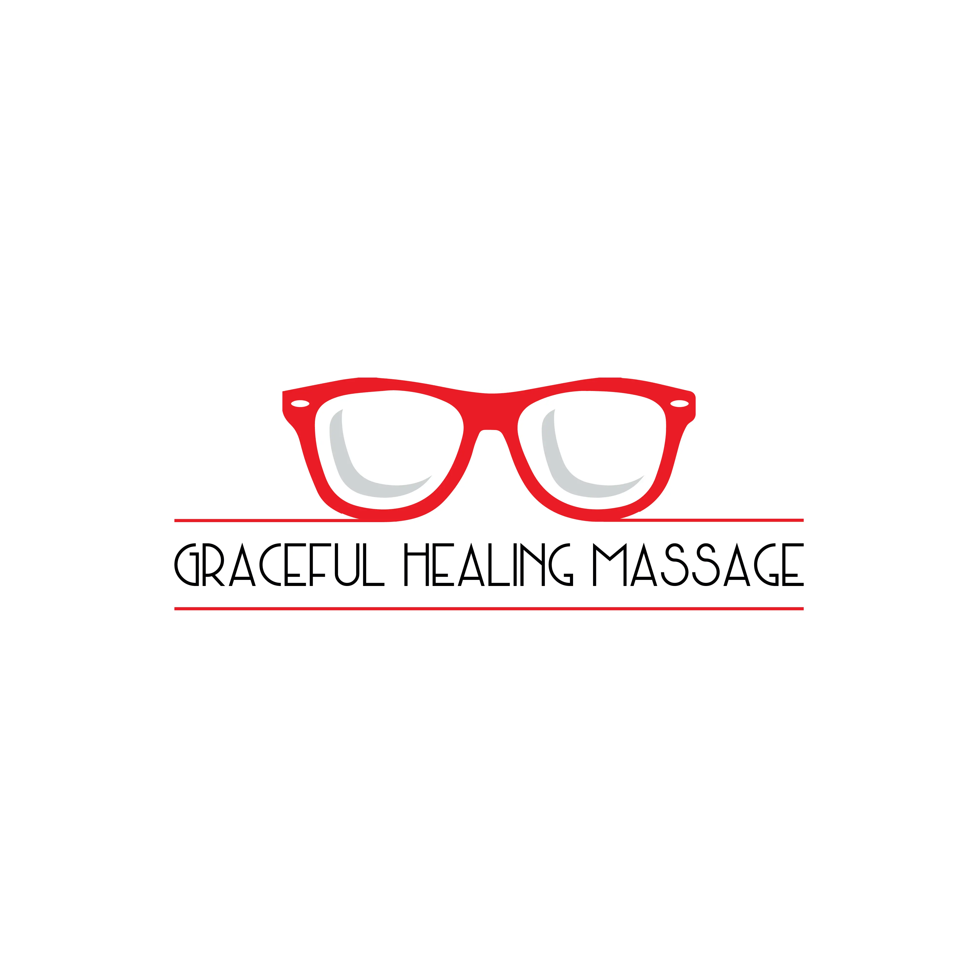 The logo of Graceful Healing Massage incorporates red-rimmed eyeglasses above the business name, flanked by horizontal red lines, creating a sleek, professional look ideal for marketing. Set against a white backdrop, this design promotes growth and embodies both elegance and clarity.