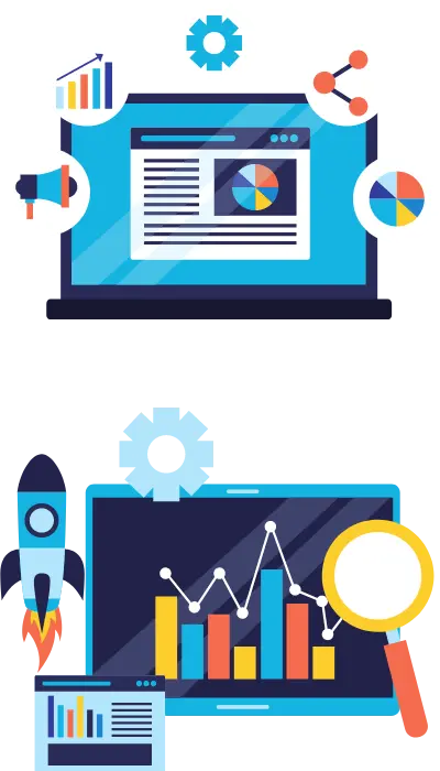 Illustration of laptops with charts, graphs, and marketing icons; includes a rocket, magnifying glass, gears, and data analysis symbols, representing growth rank in digital marketing and business analytics.