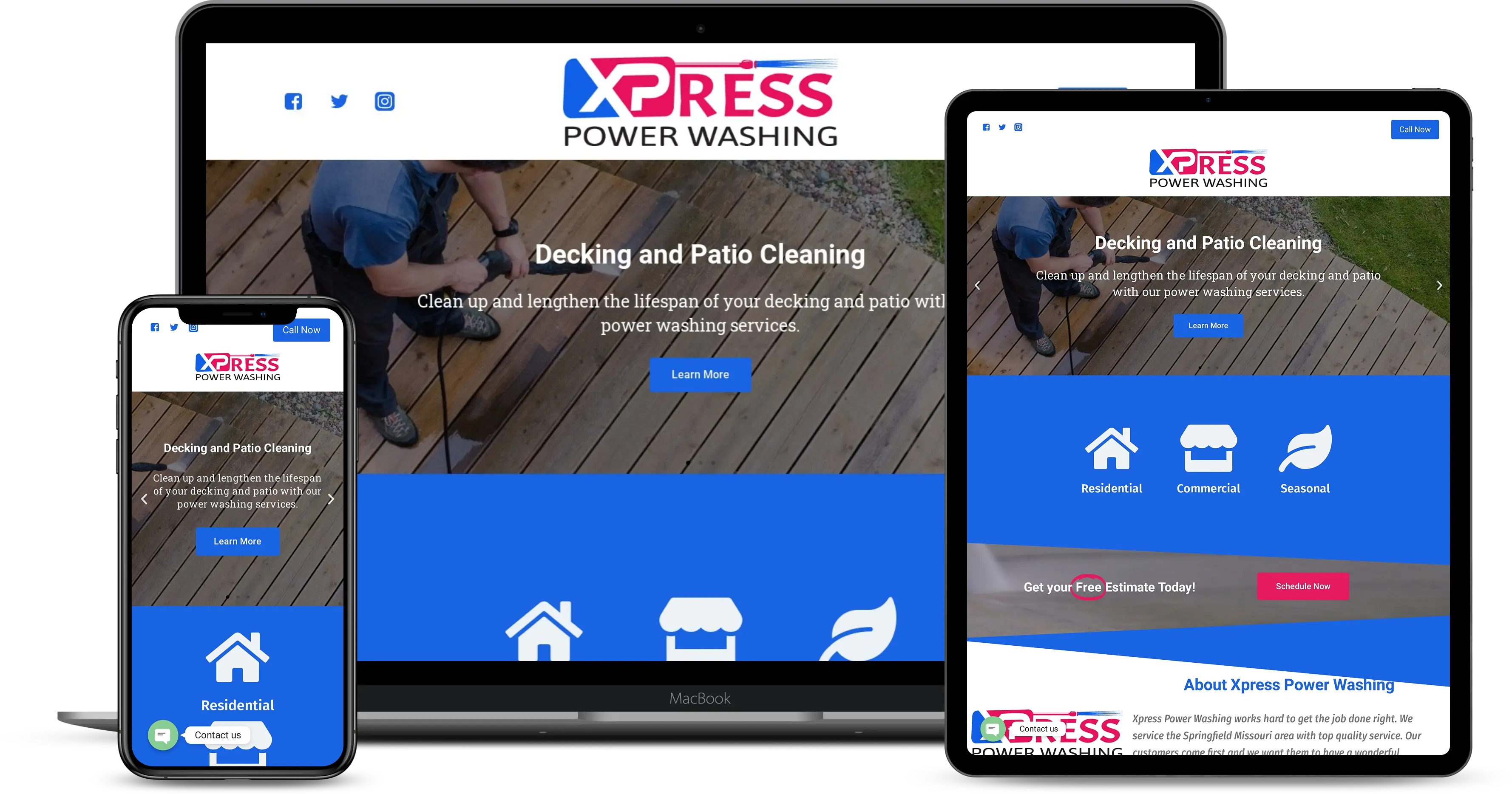 A mobile phone, tablet, and laptop display the Xpress Power Washing website homepage, designed by Growth Rank Media, featuring a banner for decking and patio cleaning with blue and white service icons and a navigation menu.