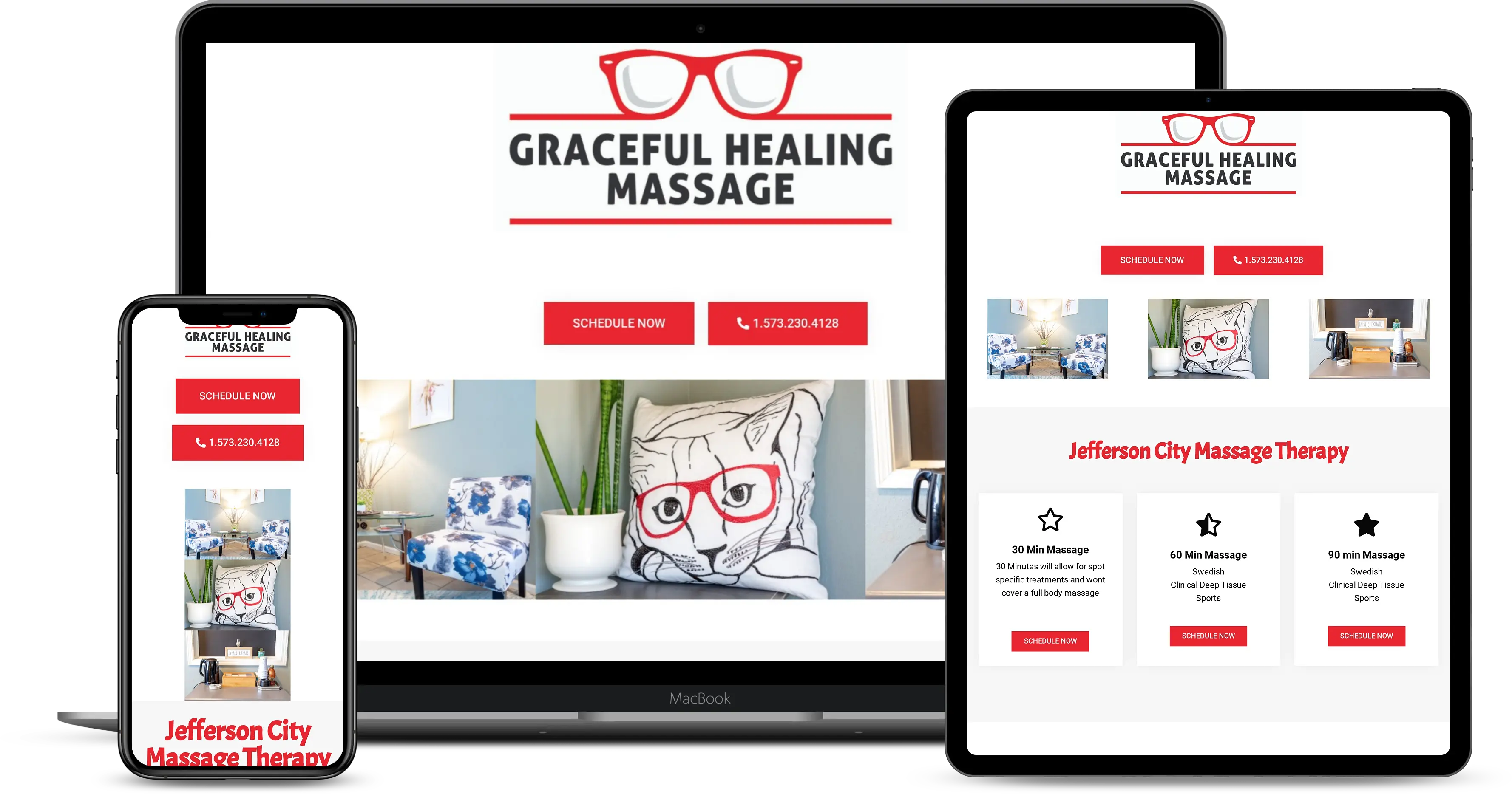 A Growth Rank Media website design for Graceful Healing Massage is displayed on a smartphone, laptop, and tablet, featuring the logo with red glasses, navigation buttons, and sections for massage services and scheduling options.