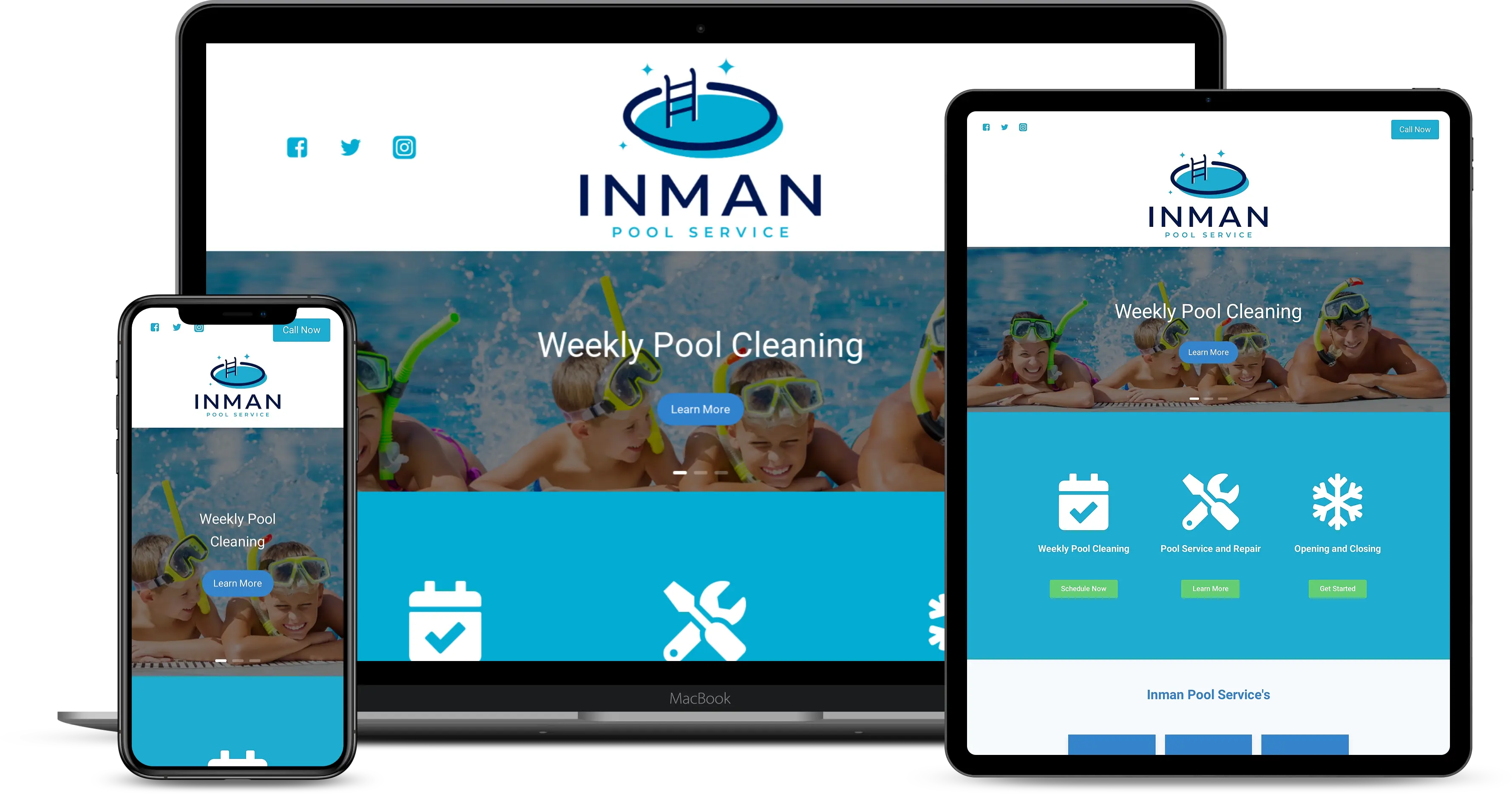 A responsive Growth Rank Media website design for pool service, displayed on a laptop, tablet, and smartphone, featuring the Inman Pool Service logo, navigation menu, marketing details, and images of kids swimming with weekly pool cleaning service info.