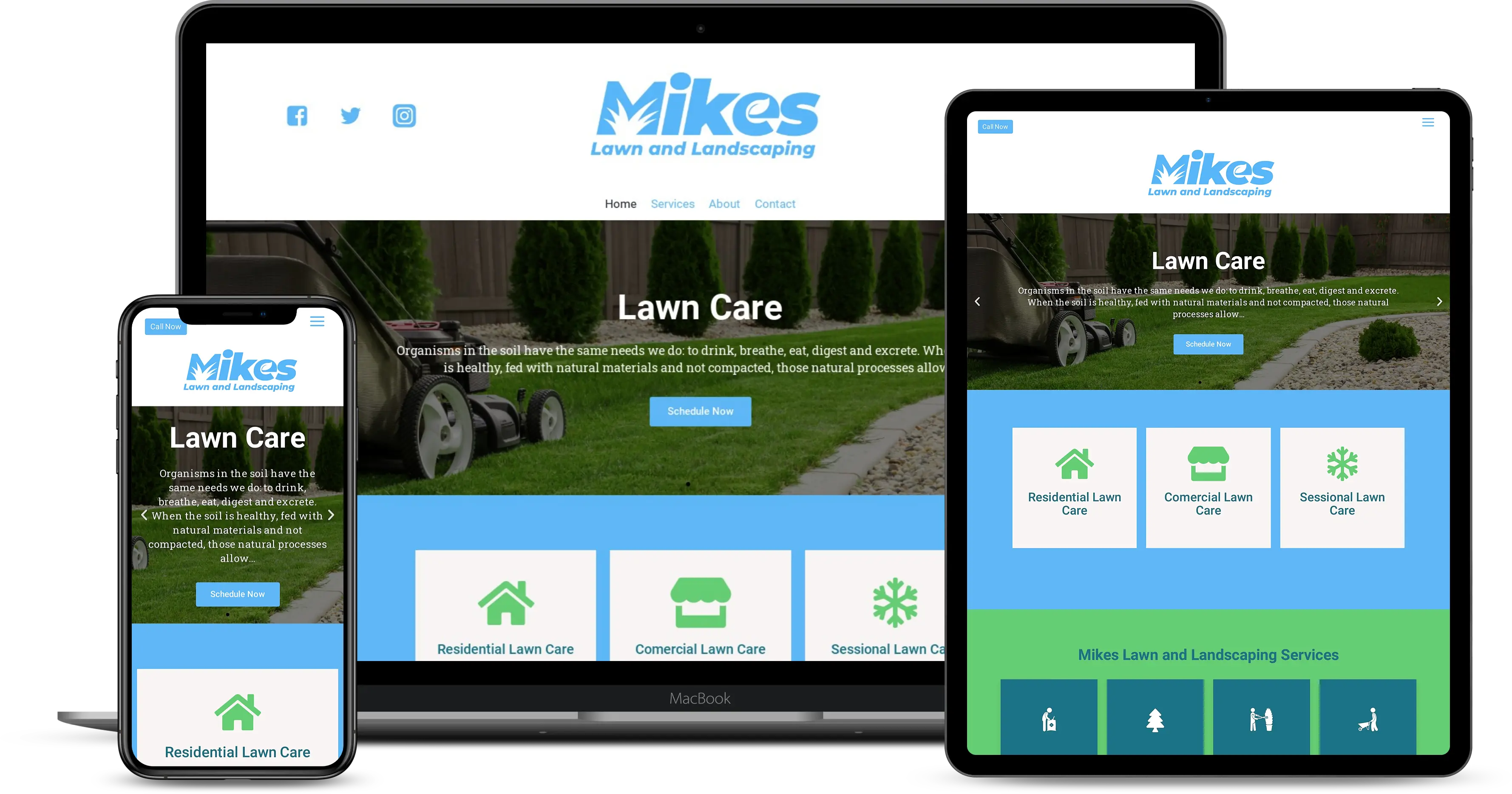 A responsive Growth Rank Media website design for Mikes Lawn and Landscaping is displayed on a laptop, tablet, and smartphone, featuring a blue and green theme with lawn care services shown as icons to boost marketing.