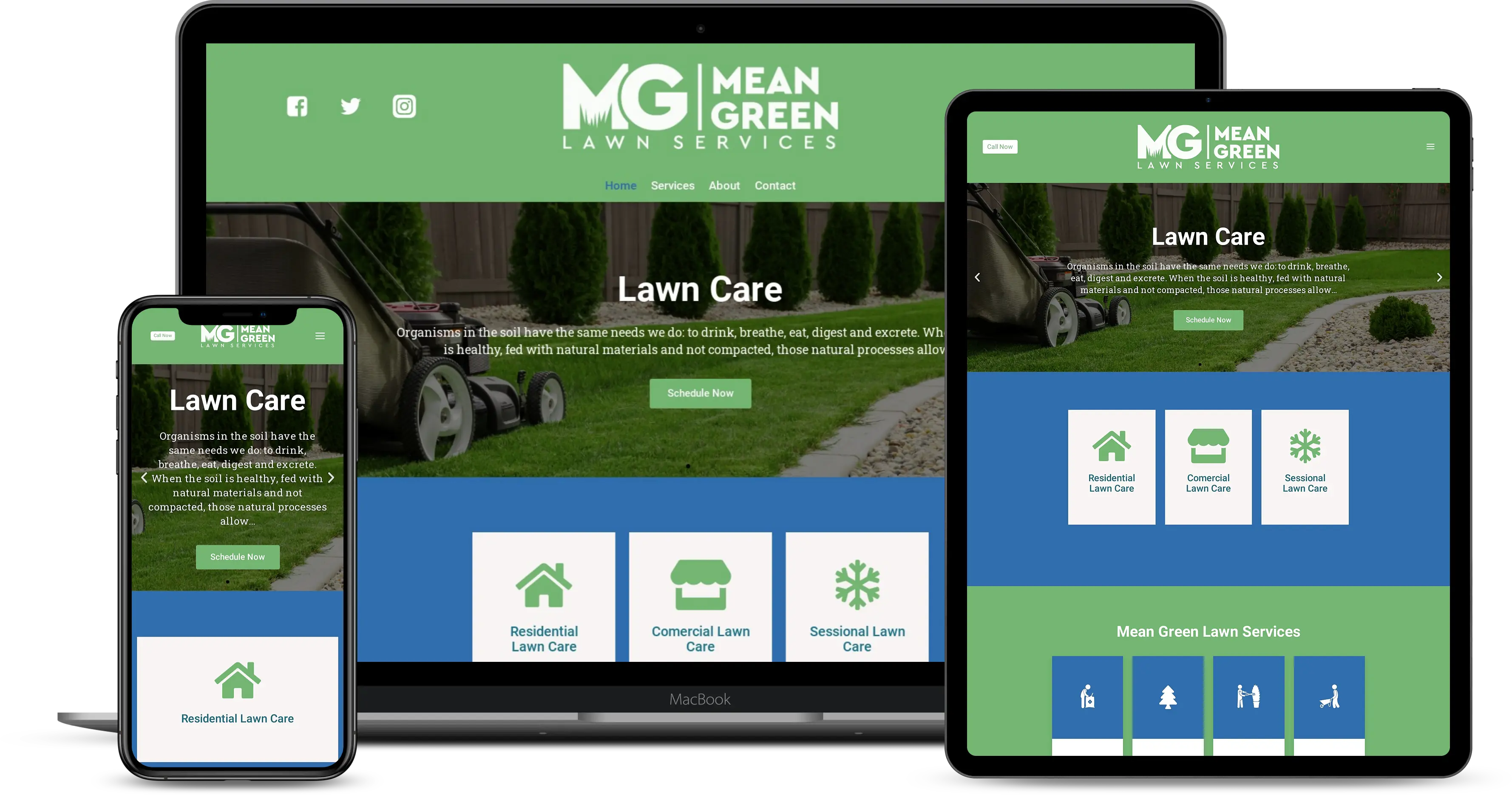 The Mean Green Lawn Services Growth Rank Media website design is displayed on a smartphone, laptop, and tablet screen, showcasing a green-themed layout with lawn care information and icons for residential, commercial, and seasonal services.