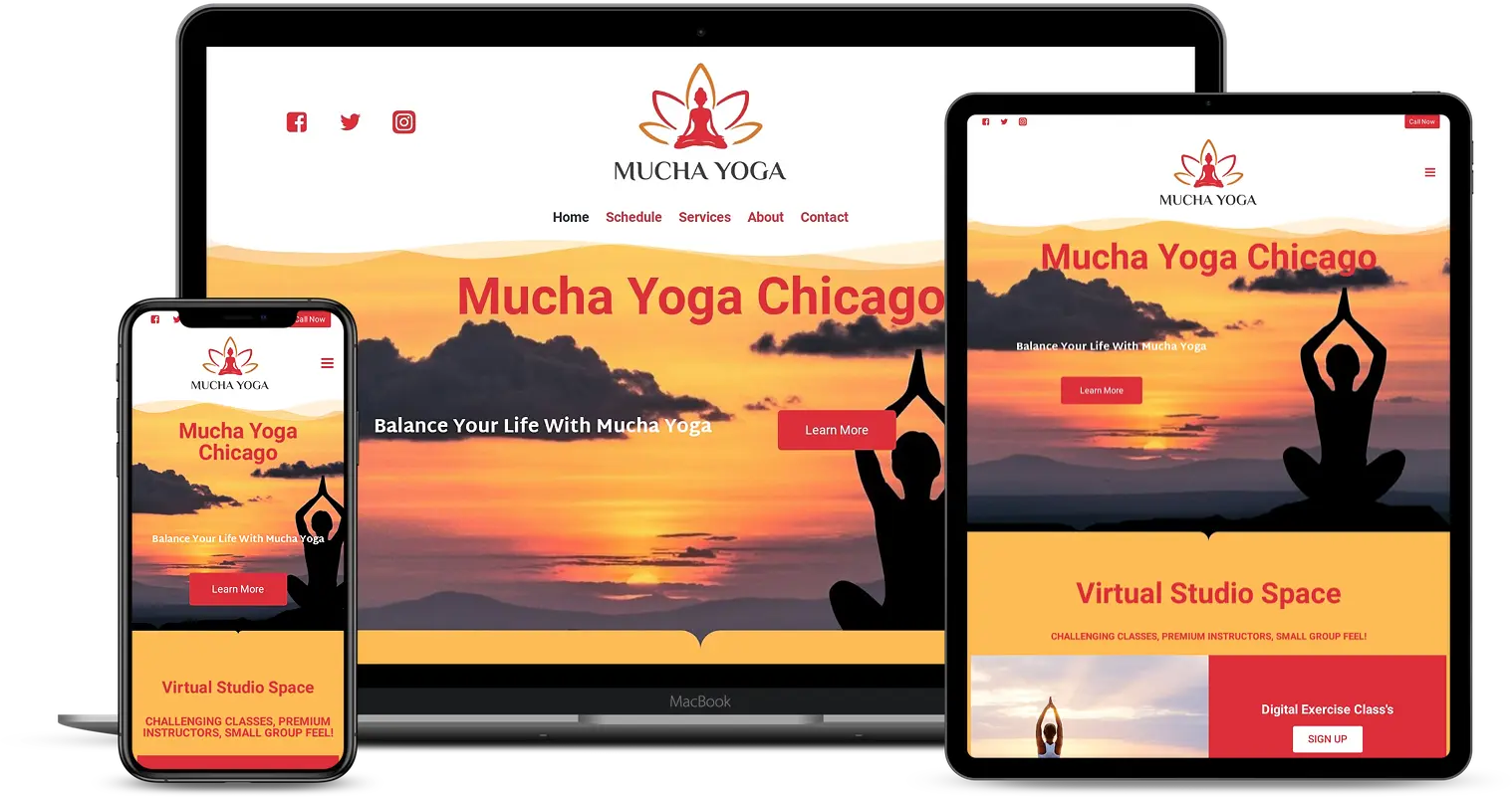 Screenshot showing the Mucha Yoga website, designed by Growth Rank Media, displayed on a phone, tablet, and laptop. The sunset background features a person in a yoga pose and text promoting virtual studio classes.