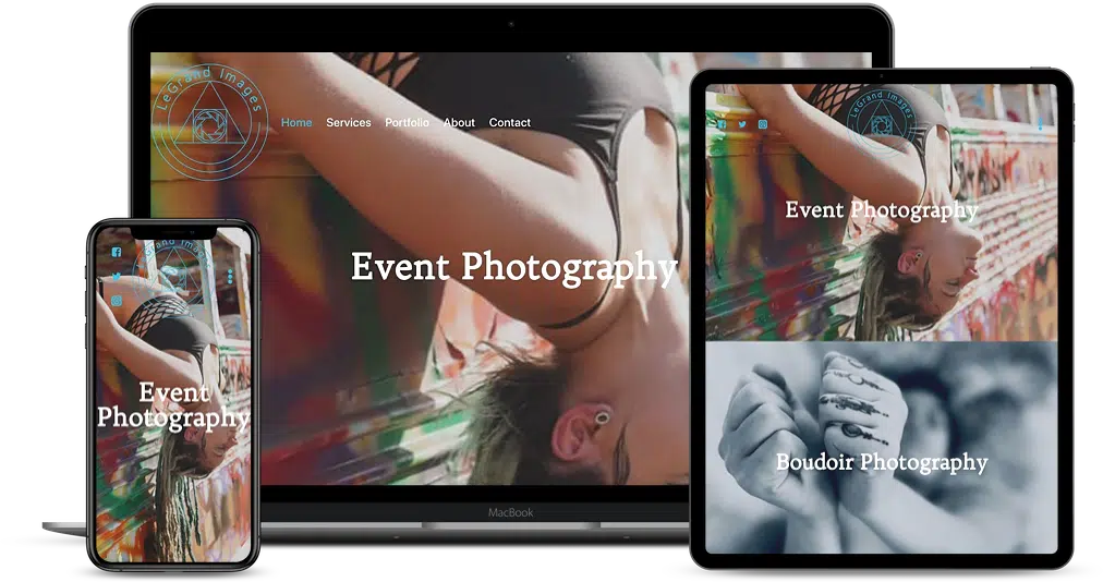 Responsive Growth Rank Media photography website design displayed on a laptop, tablet, and smartphone, highlighting event and boudoir photography with images of a woman and close-up hands. The homepage menu features Home, Services, Portfolio, About, and Contact.