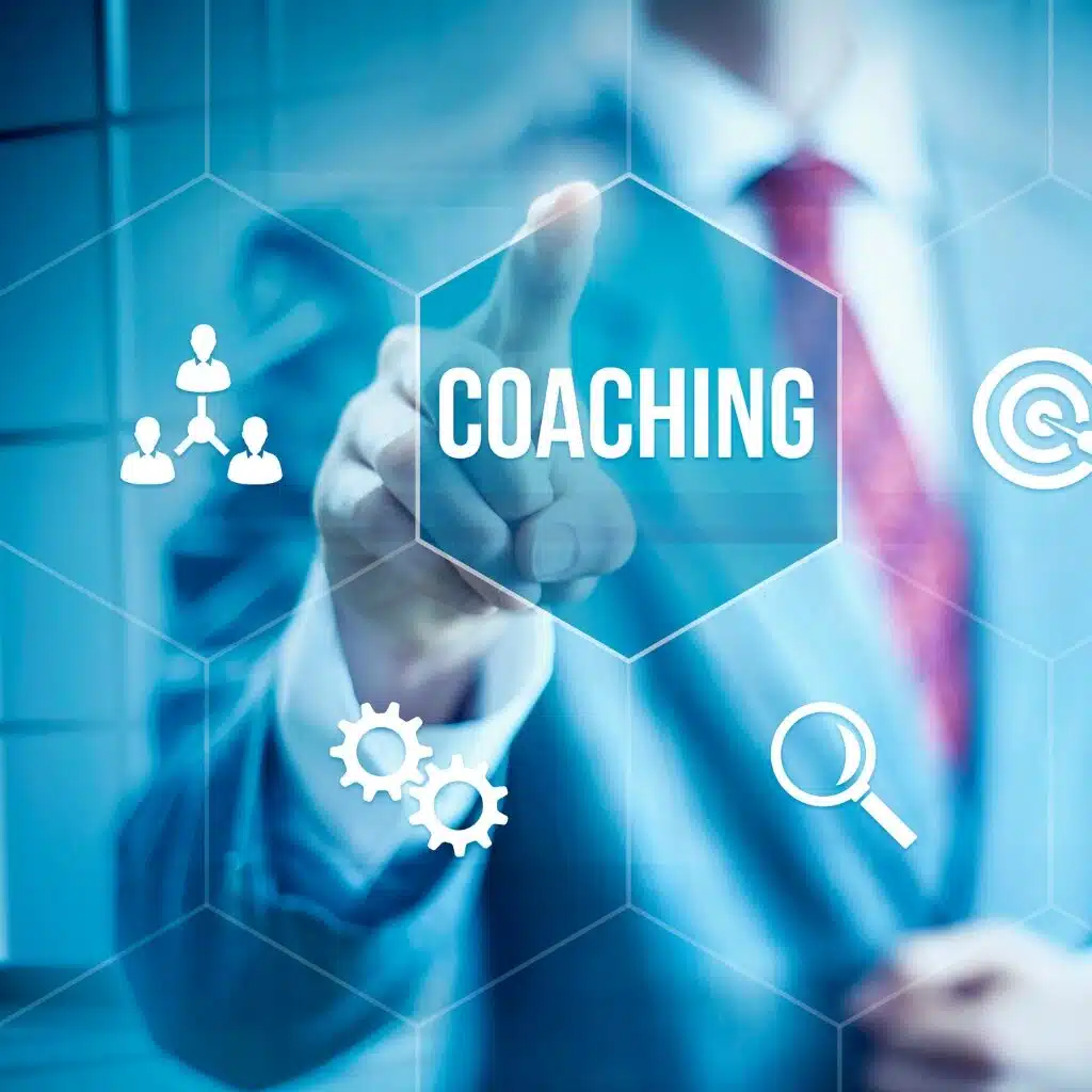 A person in a suit touches a transparent virtual screen with the word COACHING in the center, surrounded by icons for teamwork, target, gears, and magnifying glass, symbolizing business coaching and development.