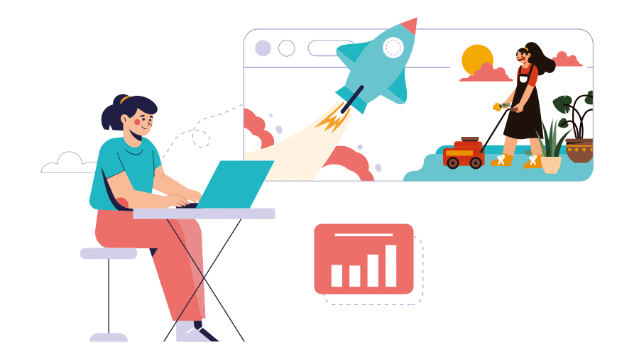 A woman sits at a desk using a laptop, embodying a client business first approach. Behind her, a browser window displays a rocket launch and a woman gardening, while a bar graph icon highlights growth in the foreground.