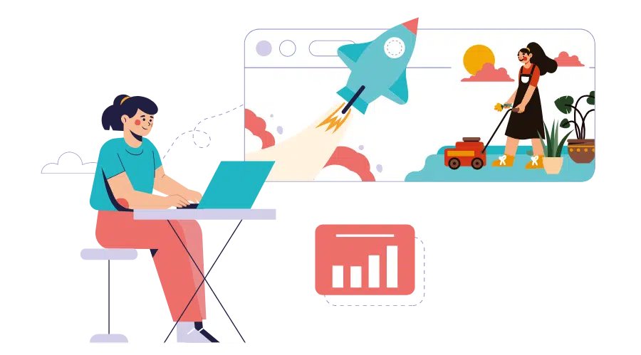 A woman sits at a desk using a laptop, embodying a client business first approach. Behind her, a browser window displays a rocket launch and a woman gardening, while a bar graph icon highlights growth in the foreground.